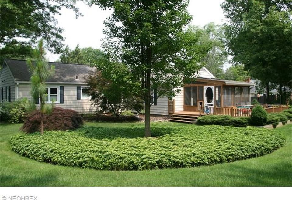 A quaint house with a lush green yard and tree in the foreground.