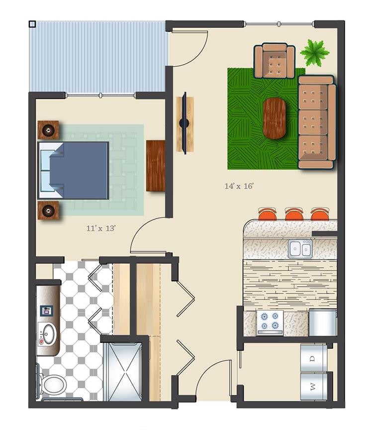 A floor plan of a two-bedroom apartment with a kitchen, living room, and bathroom.