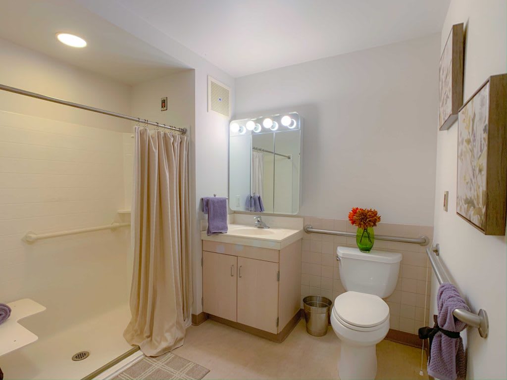 A modern bathroom with a shower, sink, toilet, and decorative flowers on the counter.