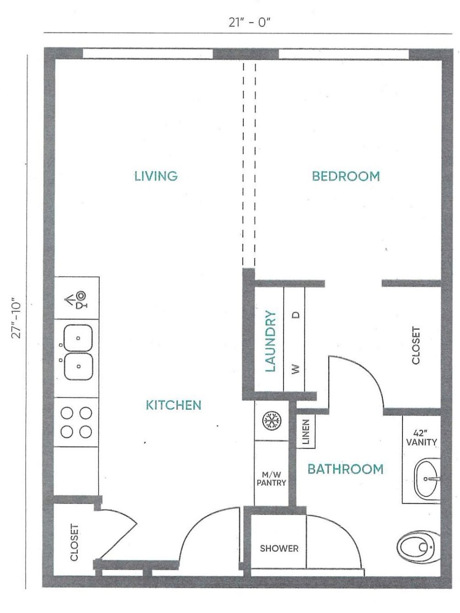 A floor plan of an apartment featuring a kitchen, living room, bedroom, bathroom, laundry area, and closet.