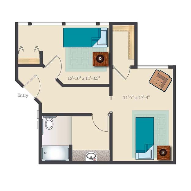 A floor plan of a two-bedroom apartment with a shared bathroom and living area.