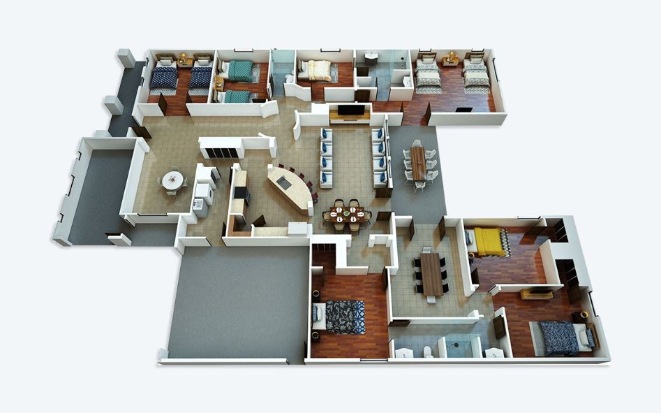 3D floor plan of a house showcasing various rooms and architectural design.