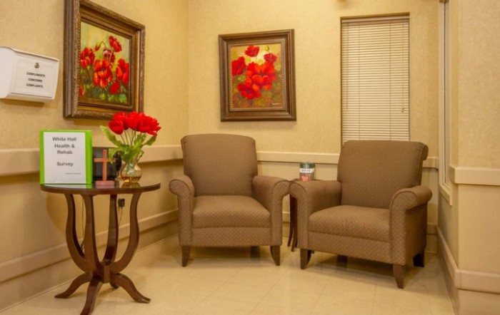 A cozy waiting room with two armchairs, a small table with a lamp and flowers, and framed artwork on the walls.