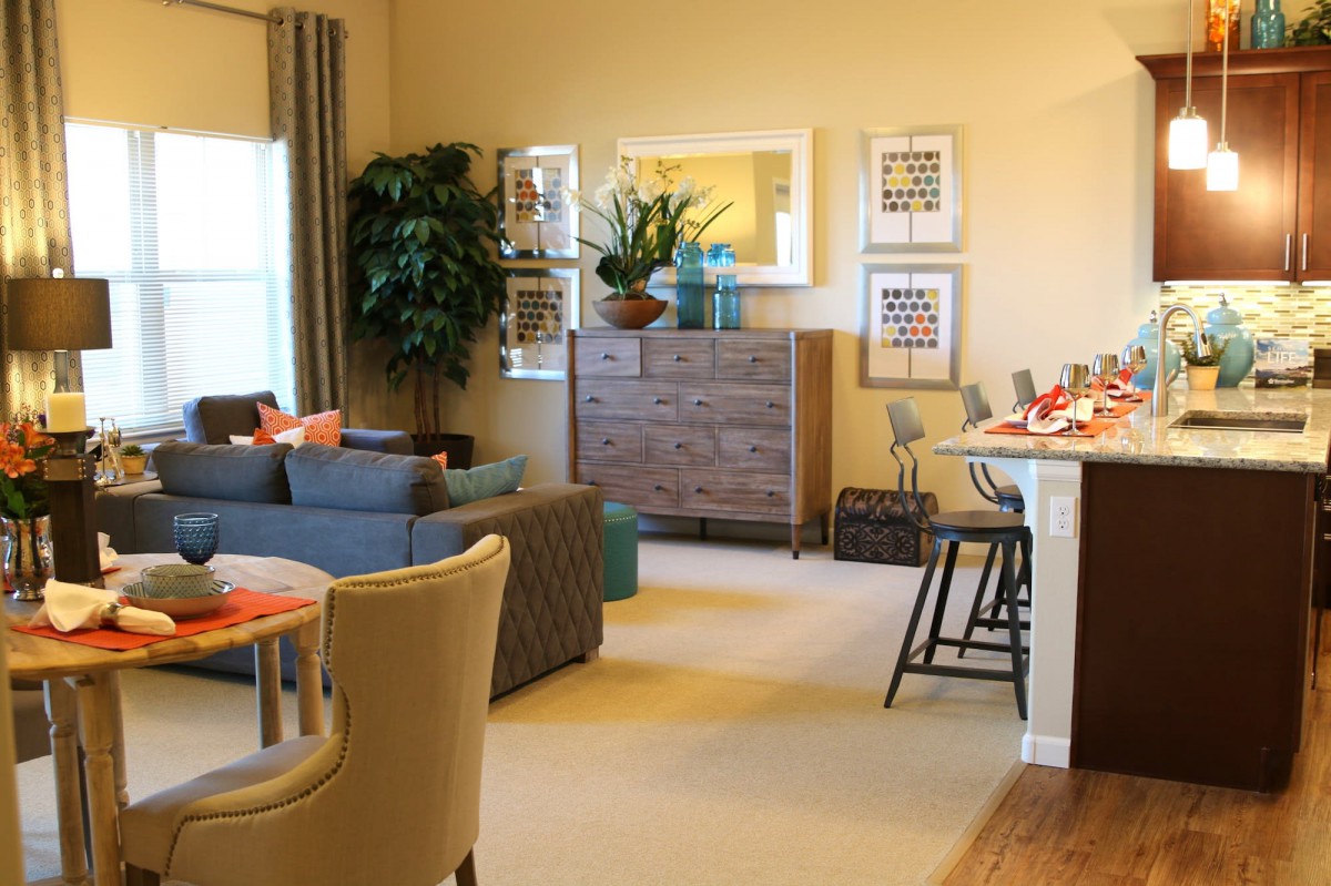 A cozy living room with a sofa and dining area, decorated with plants and artwork.