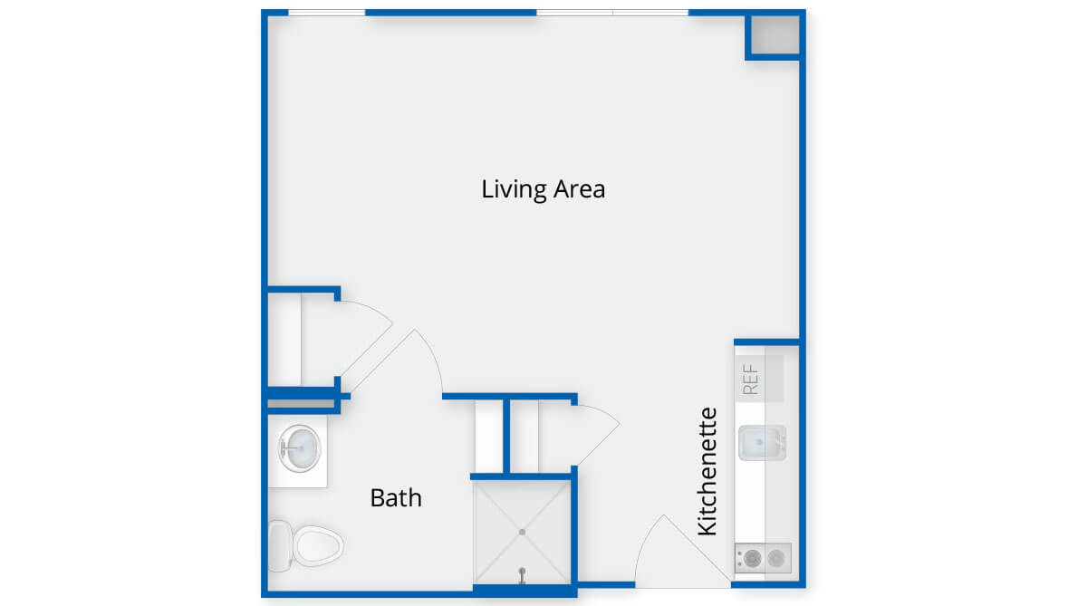A simple floor plan of a studio apartment featuring a living area, kitchenette, and bathroom.