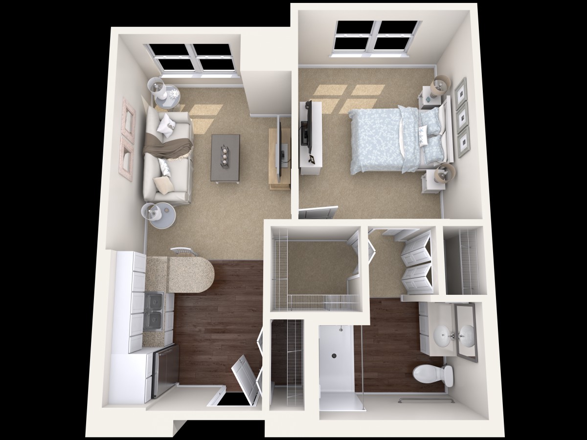 A 3D floor plan of a one-bedroom apartment featuring a living room, kitchen, bathroom, and bedroom.