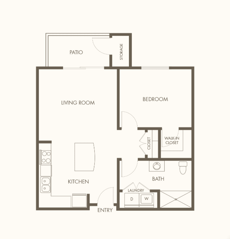 A floor plan of a one-bedroom apartment, featuring a living room, kitchen, and bathroom.