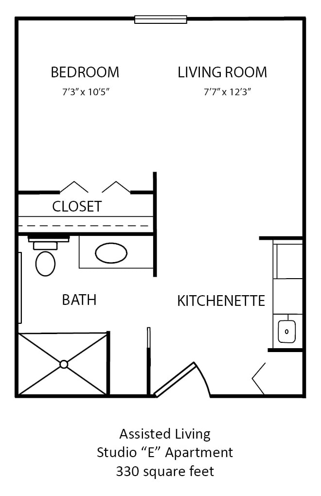 A simple floor plan showcasing a room with a kitchenette, bathroom, and closet.