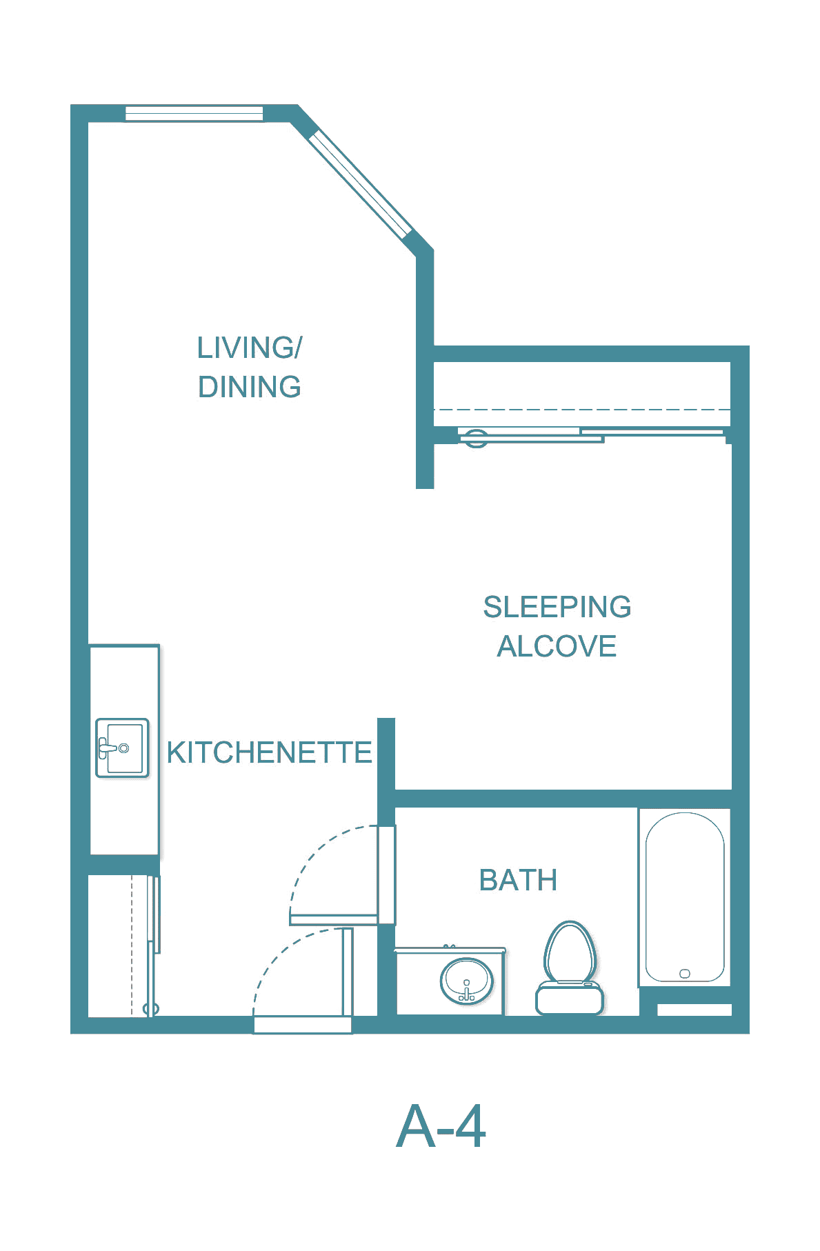 A floor plan of a studio apartment featuring a living/dining area, kitchenette, sleeping alcove, and bathroom.