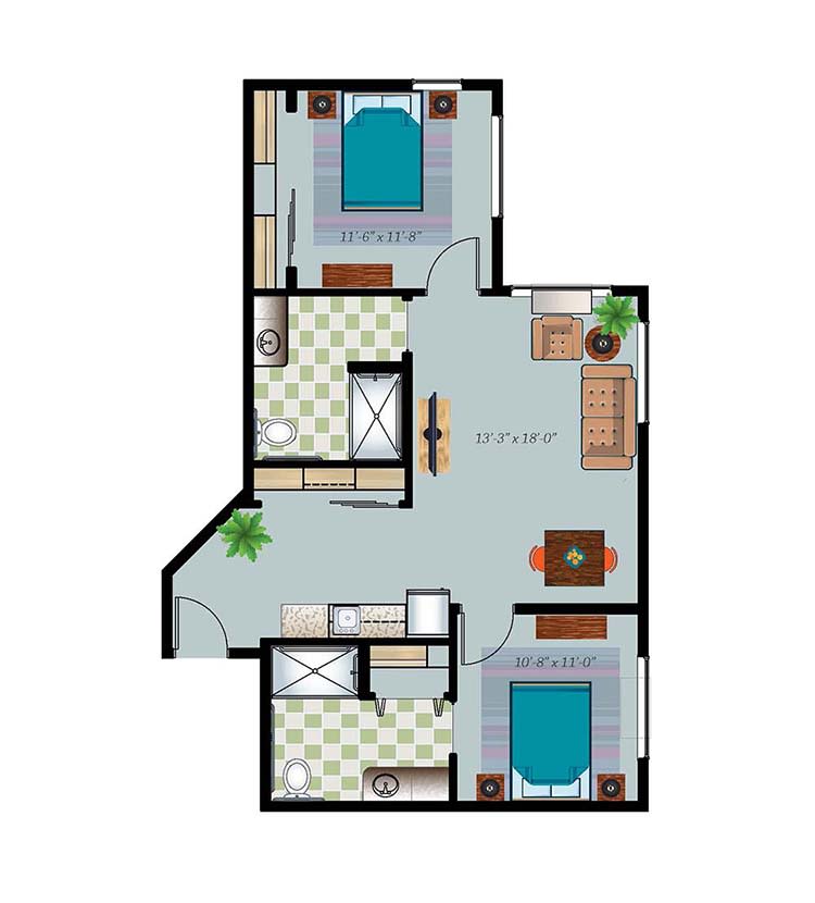 A floor plan of a two-bedroom apartment featuring a kitchen, living area, and bathrooms.