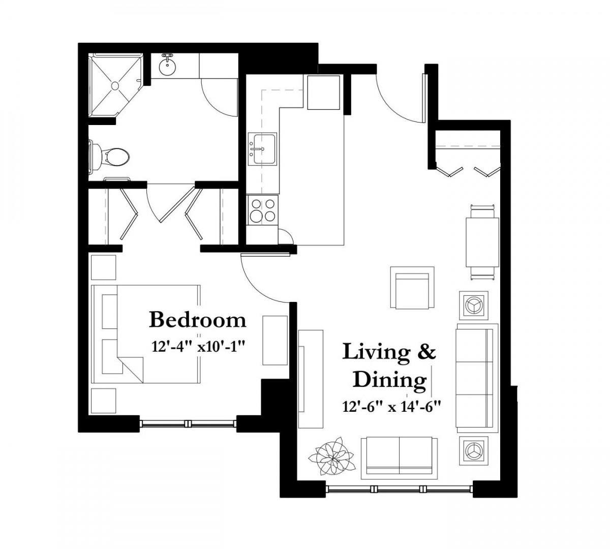 A floor plan of a one-bedroom apartment featuring a living and dining area, kitchen, and bathroom.