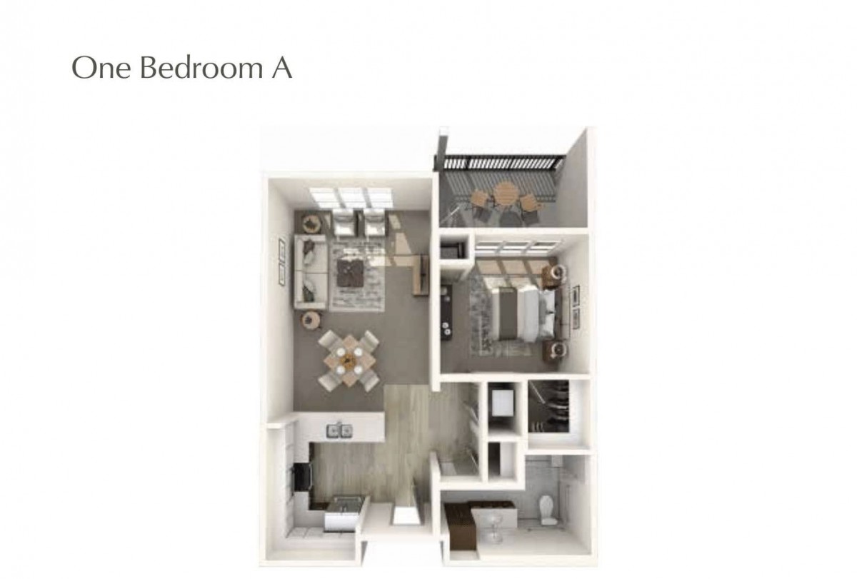 A detailed floor plan of an apartment labeled 'Bedroom A', showcasing an efficient layout including living, dining, and kitchen areas.