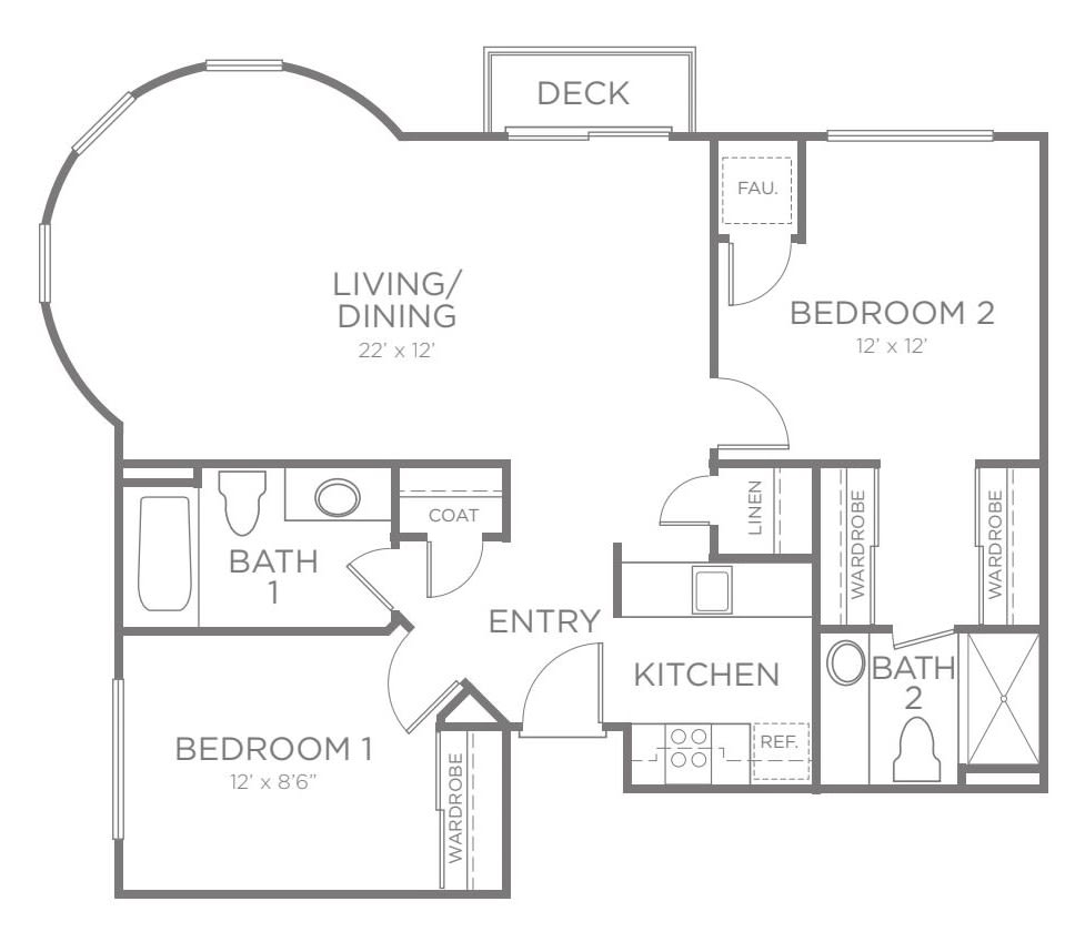 Floor plan of a two-bedroom apartment with living/dining area and deck.