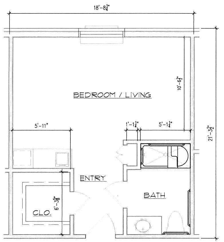 A blueprint of a studio apartment layout including living area, kitchen, and bathroom.