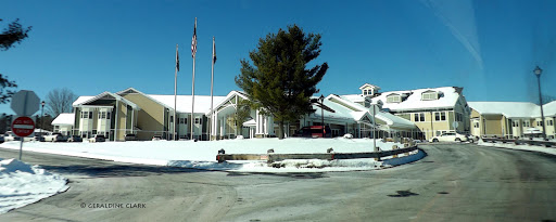 A hotel building blanketed in snow with flags and trees in front, under a clear blue sky.