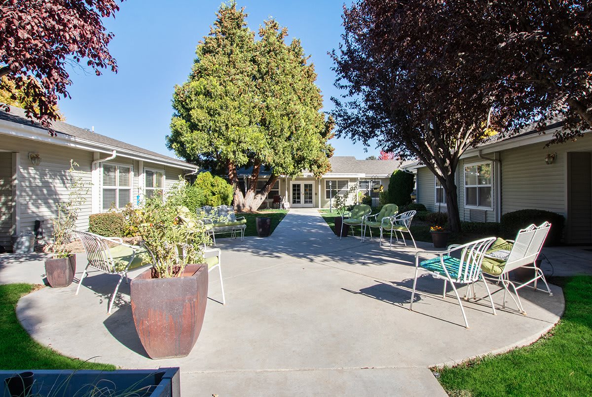 A peaceful courtyard with outdoor seating, surrounded by trees and plants on a sunny day.