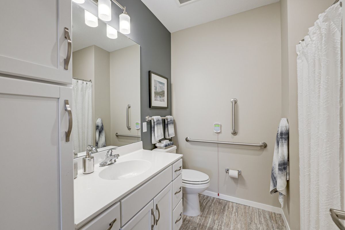 A modern bathroom featuring a vanity with a sink and mirror, toilet with grab bars, and contemporary light fixtures.