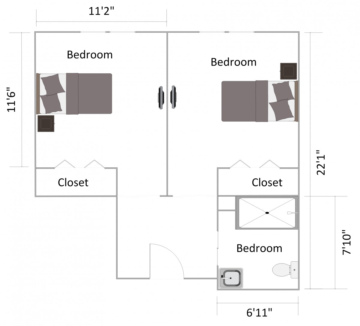 A floor plan depicting two bedrooms with closets and a small bathroom.
