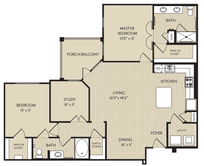 A detailed floor plan of a two-bedroom apartment, including living room, kitchen, and study areas.