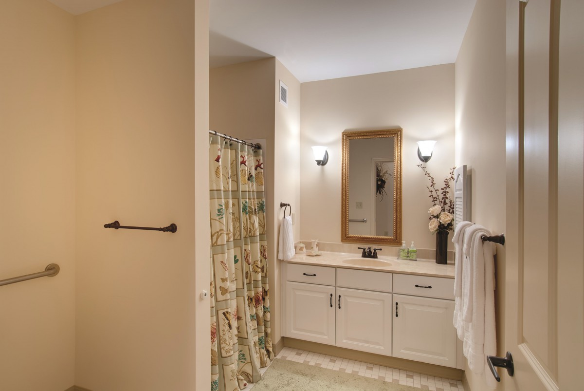 A modern bathroom with a vanity, mirror, lighting, and a shower curtain.