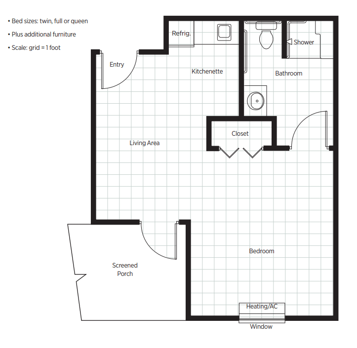 A simple floor plan of a one-bedroom apartment with an open kitchen and living room.