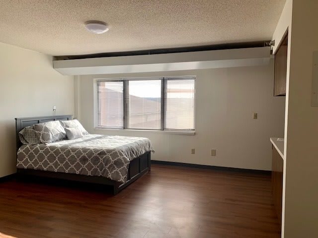 A spacious bedroom with a bed, large window, and hardwood flooring.