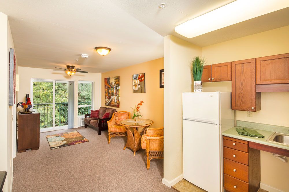 A cozy apartment interior featuring an open living room with a view of the kitchen area.