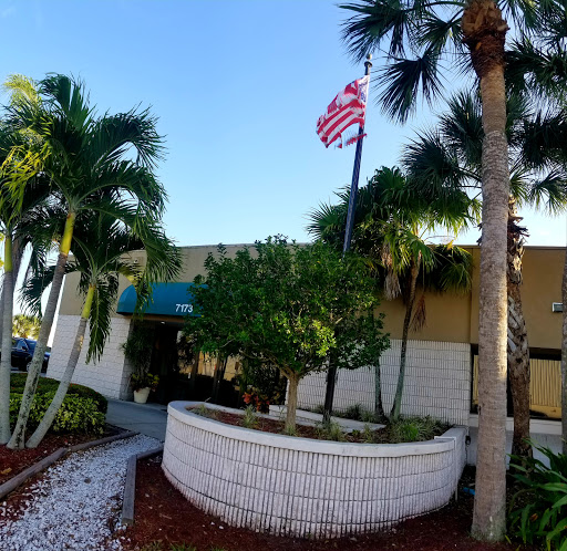 A sunny day showcasing a building surrounded by palm trees and greenery, with an American flag flying.