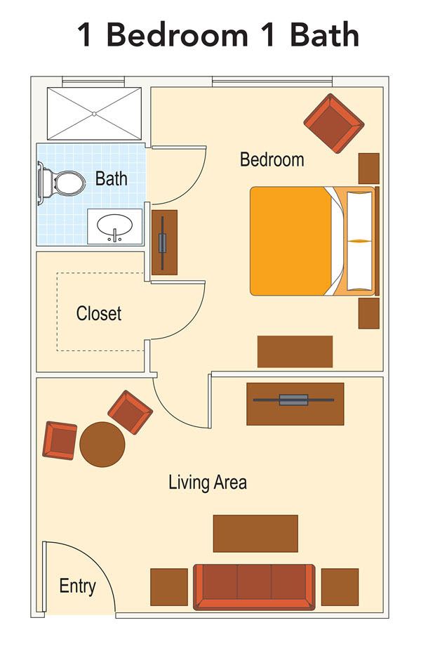 A simple floor plan of an apartment with a living area, bedroom, bath, and closet.