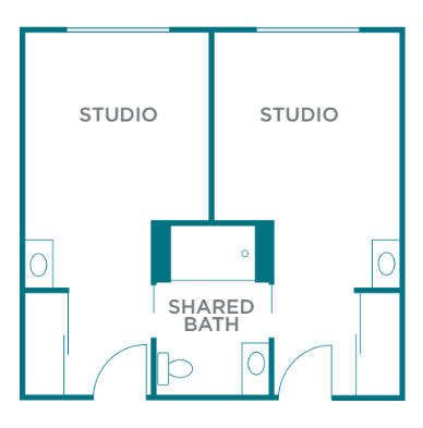 Floor plan of two studio apartments with a shared bathroom.