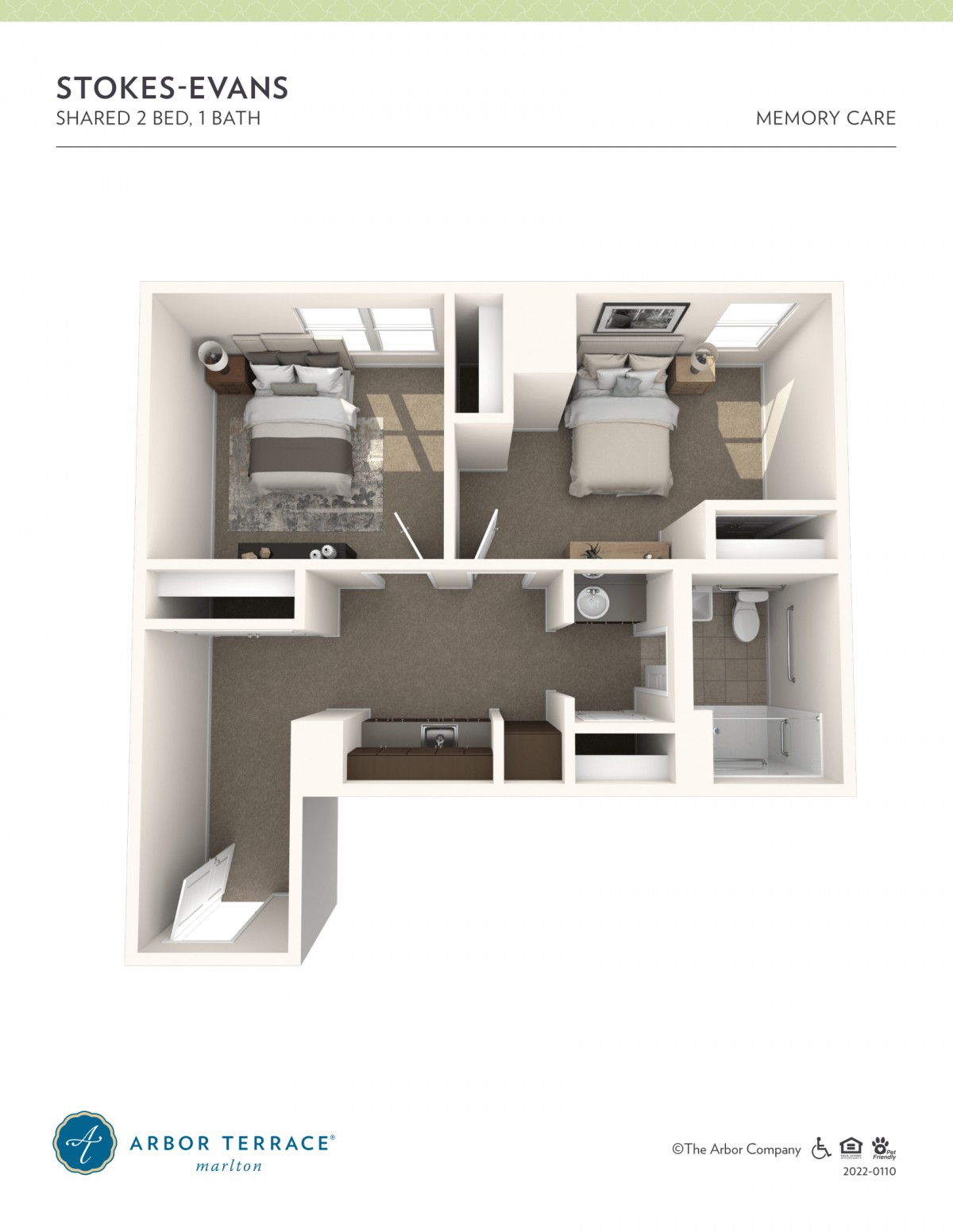 3D floor plan of a compact two-bedroom apartment with kitchen and living area.