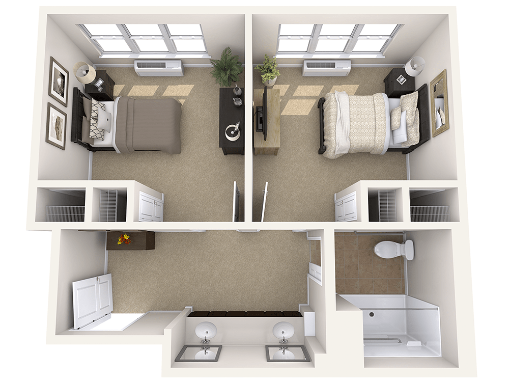 A detailed apartment floor plan featuring two bedrooms, a shared bathroom, and common living space.