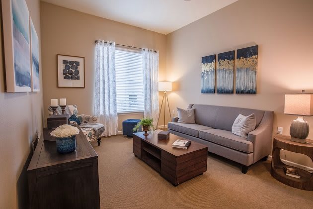 A cozy living room with a gray sofa, coffee table, and decorative elements including wall art and a lamp.