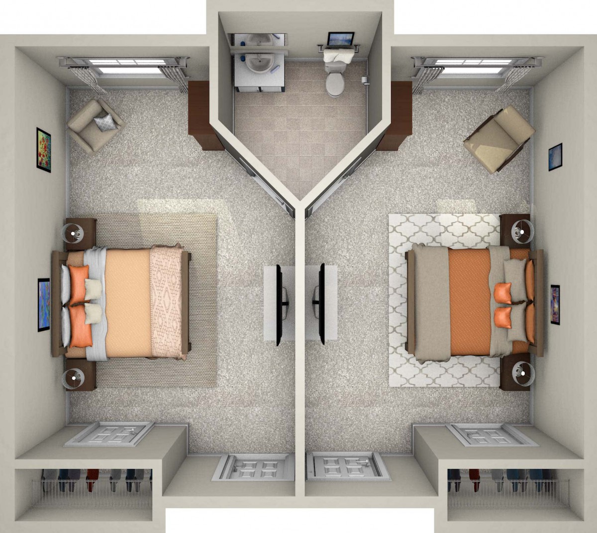 A two-bedroom apartment floor plan with a shared bathroom.