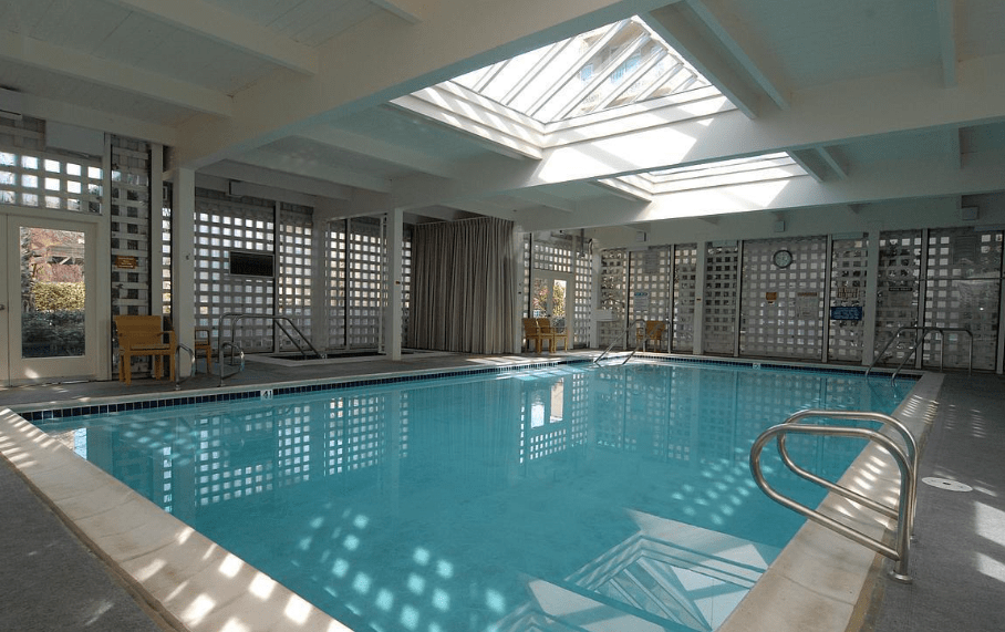 A luxurious indoor swimming pool with natural light streaming in through skylights.