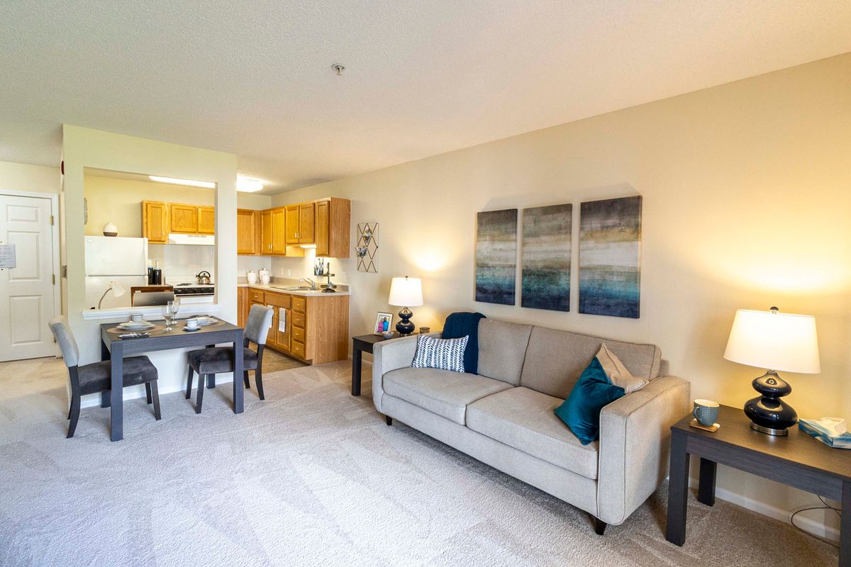 A contemporary open-space living room and kitchen with modern furnishings and decor.