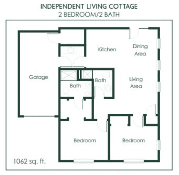 Floor plan of an independent living cottage with two bedrooms and two bathrooms.