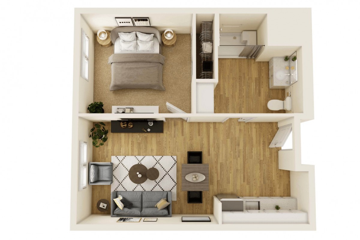 A one-bedroom apartment floor plan with a living room, kitchen, and bathroom.