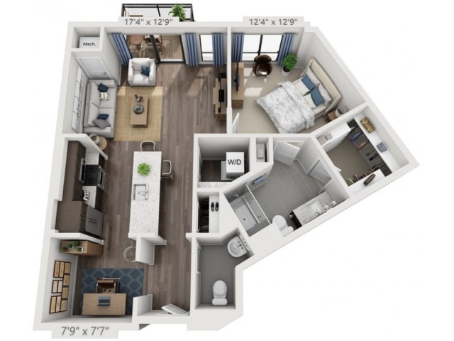 A detailed floor plan of a one-bedroom apartment featuring a living room, kitchen, bathroom, and bedroom.