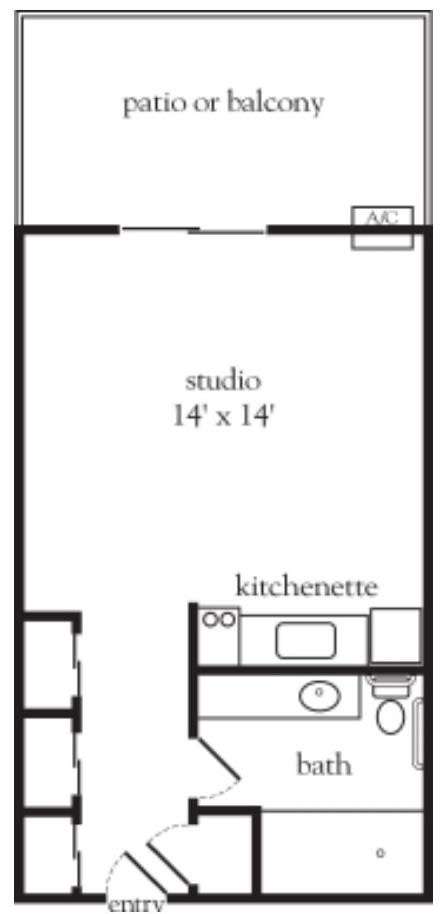 A simple floor plan of a studio apartment with a kitchenette.