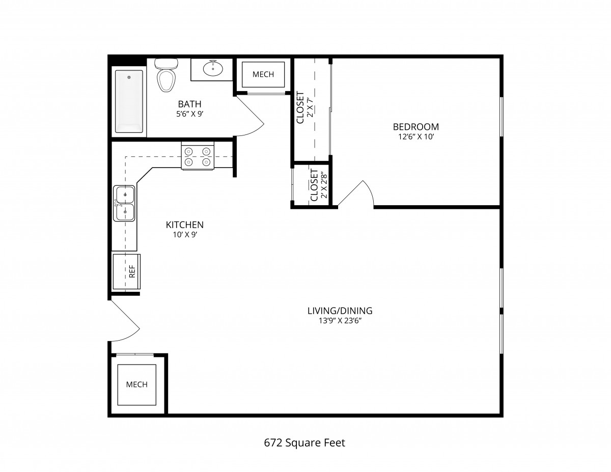 A floor plan of a 572 square feet studio apartment with labeled living and kitchen areas.