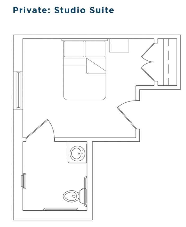 A simple floor plan showing a bedroom and bathroom layout.