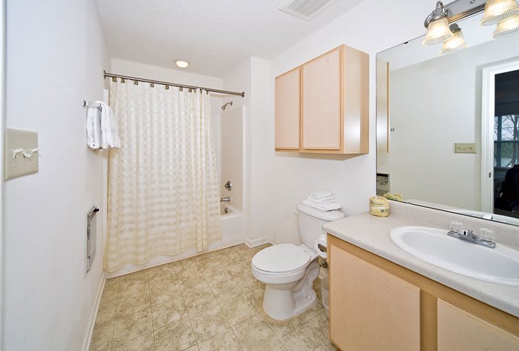 A clean, modern bathroom with a shower, toilet, and sink.