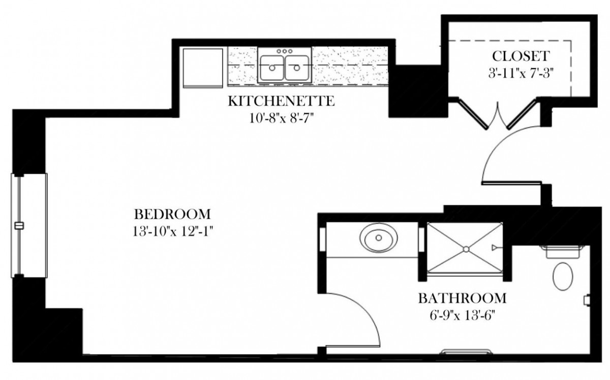 A floor plan of an apartment featuring a bedroom, kitchenette, and bathroom.