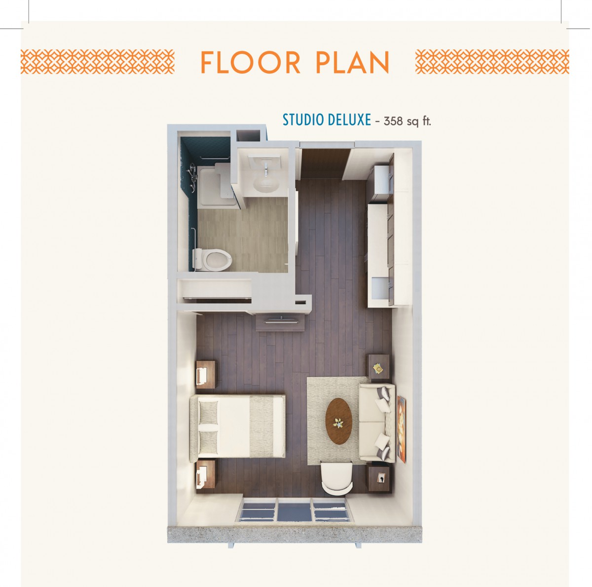 A floor plan of a one-bedroom apartment showcasing the layout and design.