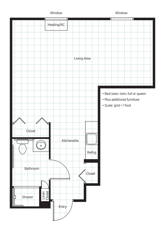 Studio apartment floor plan with kitchen, bathroom, and living area.