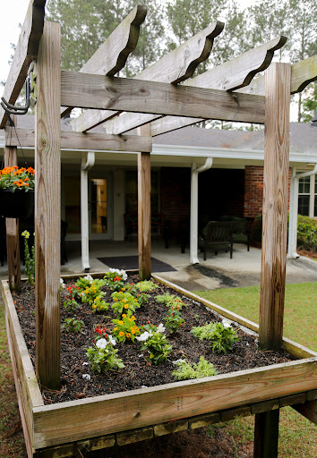 A beautifully arranged garden box under a wooden pergola, enhancing the outdoor space of a home.