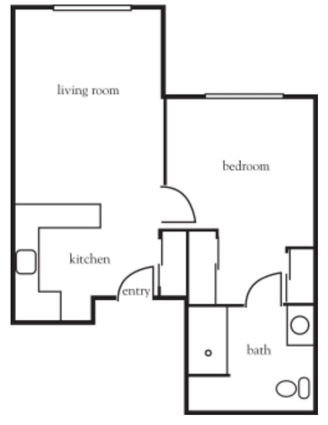 An apartment floor plan featuring a living room, kitchen, bedroom, and bathroom.