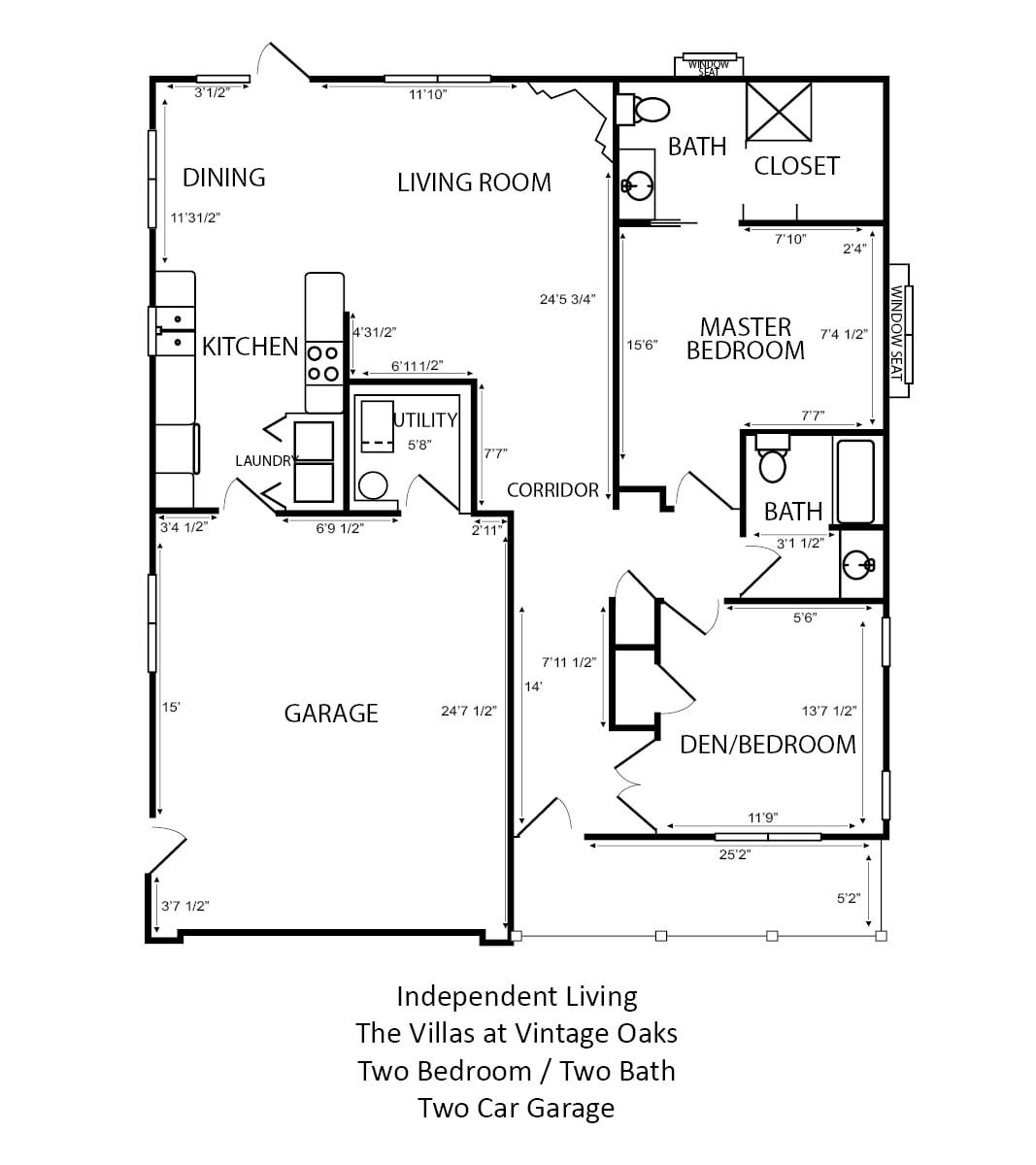 A floor plan of an independent living space with two bedrooms and two bathrooms, featuring a kitchen, living room, and garage.