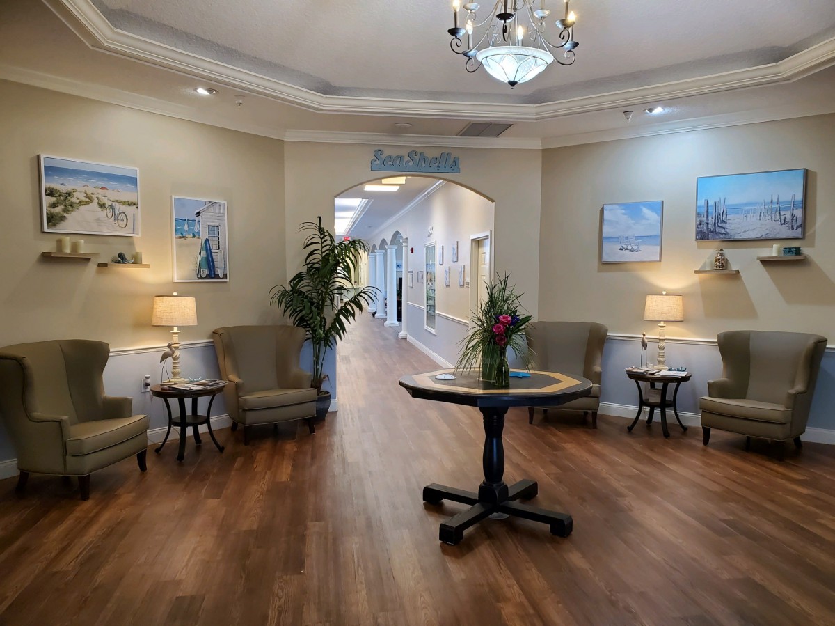 A cozy lobby with comfortable seating and elegant decor.